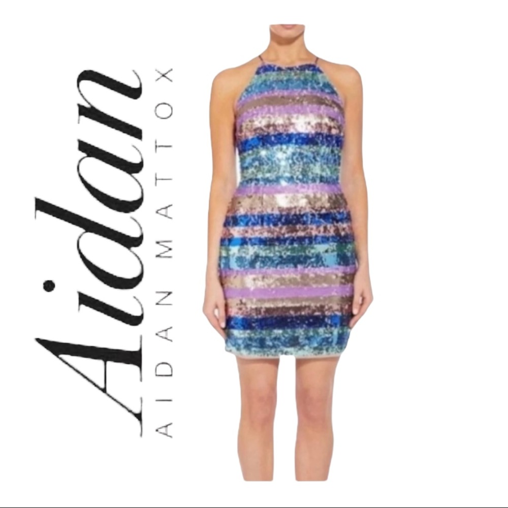 NWT Aidan Mattox Sequin Stripe Halter Dress Size 4